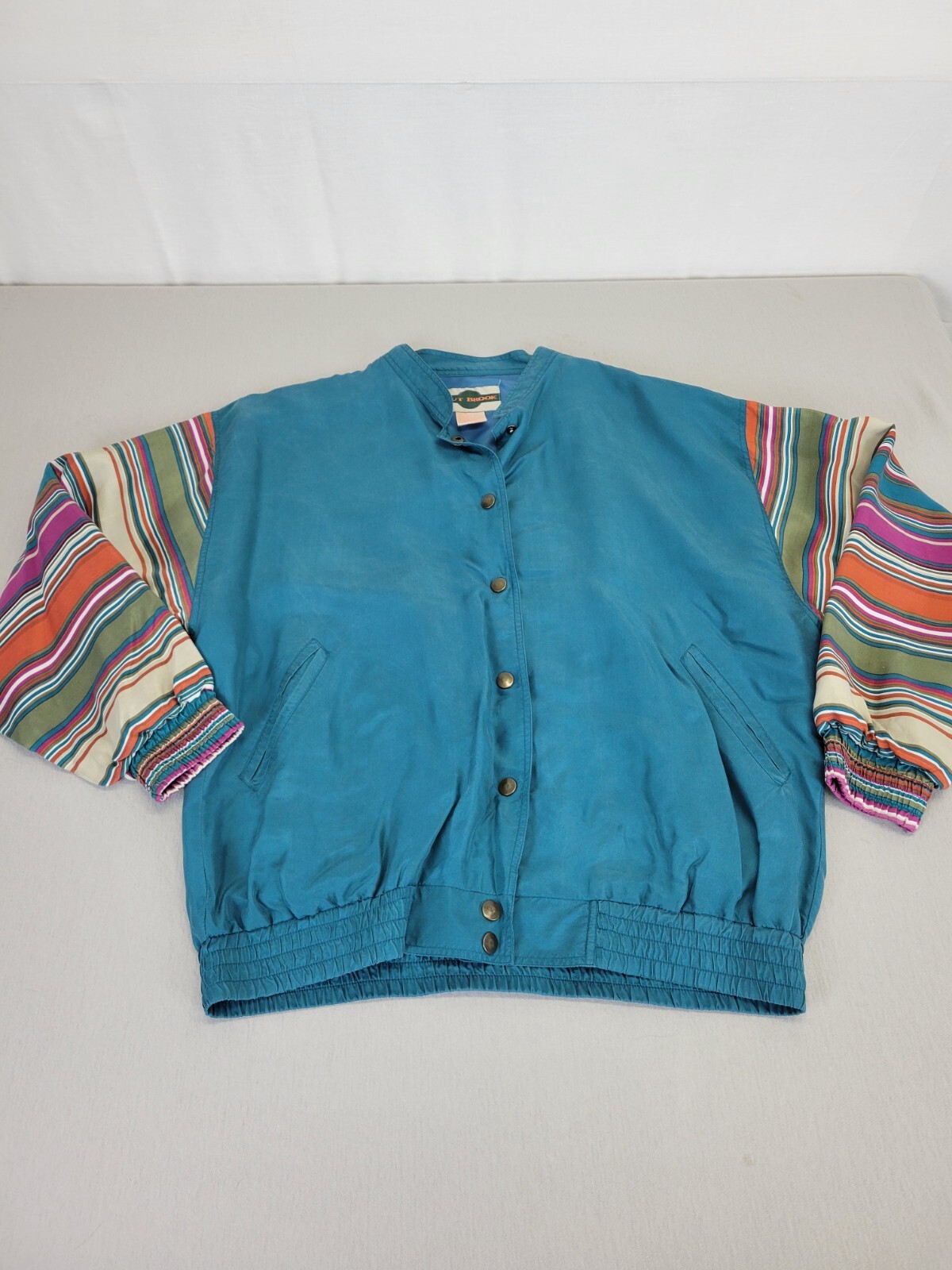 Out Brook Snap Up Track Suit 100% Silk Teal Stripes Boho 80’s Vintage