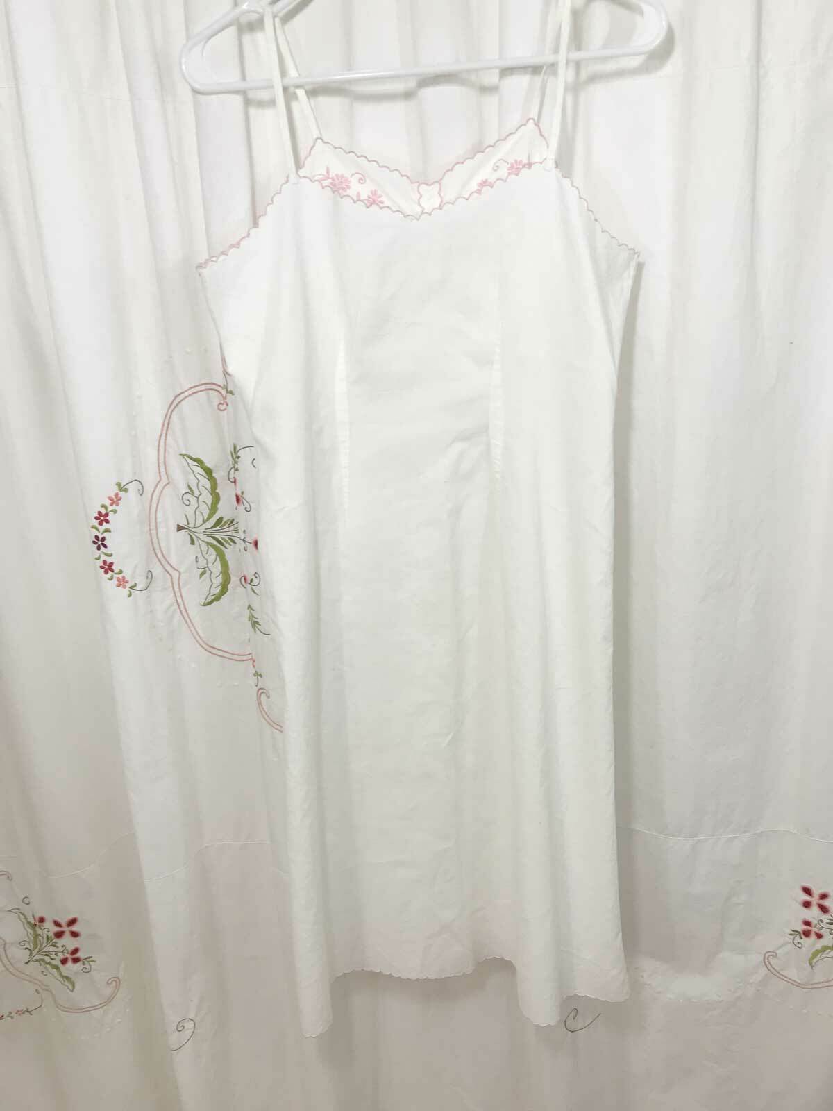 Vtg French White Cotton Slip Summer Day Dress Nightgown Pink Embroidery sz M/L