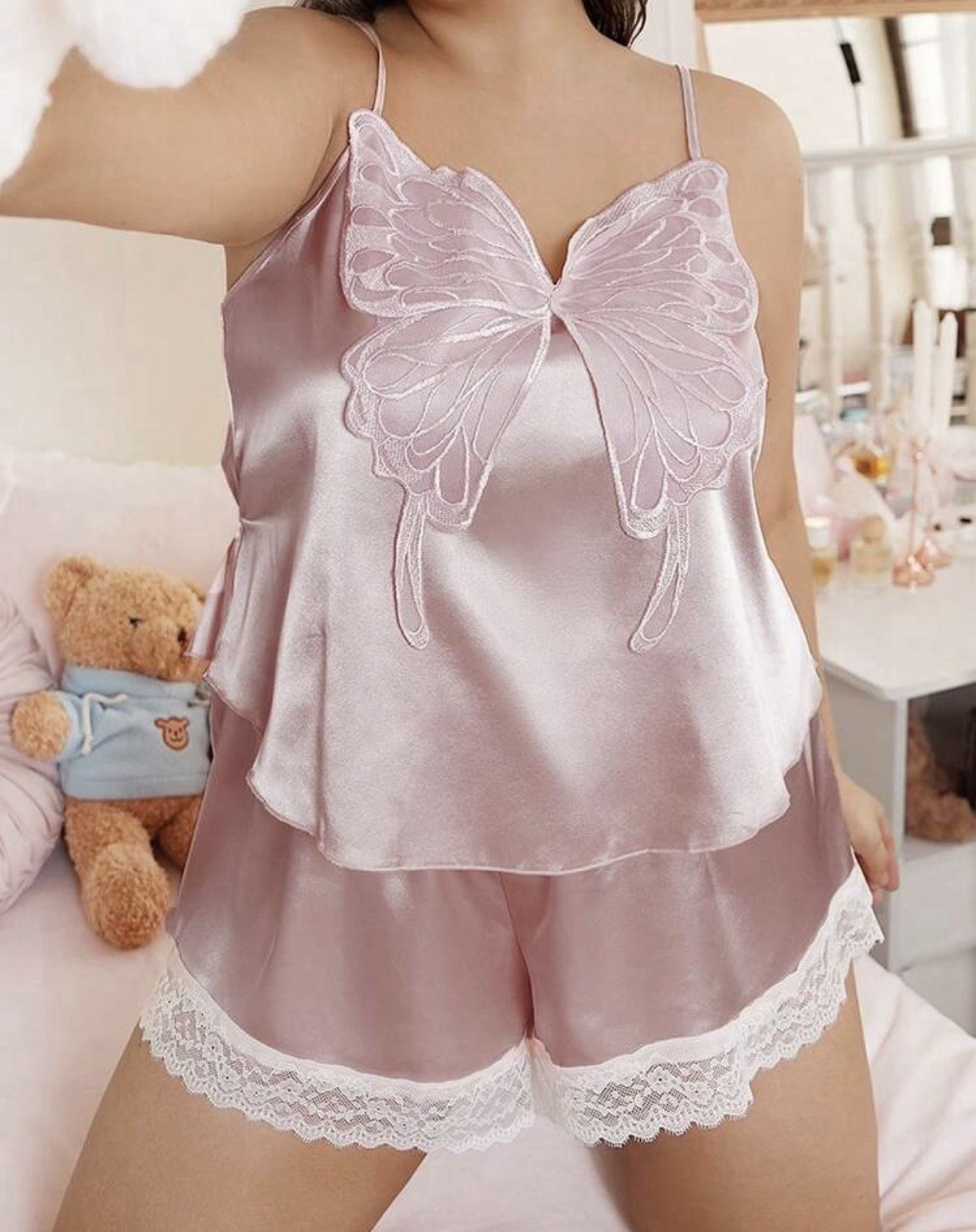 Glossy 2nd Skin Satin & Lace Camisole & Shorts Lingerie Sleep Set PLUS 4XL NEW