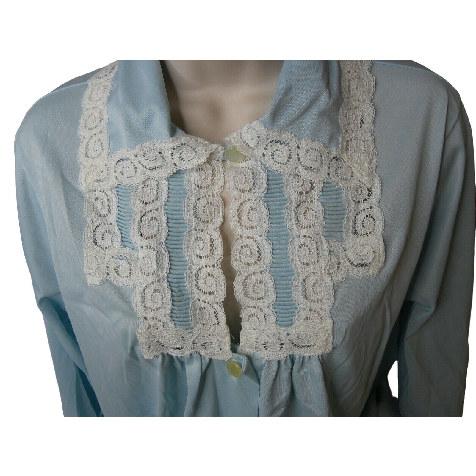 Vintage Komar Blue Nylon Robe Average Medium 3/4 Sleeve Lace Trim Button Front