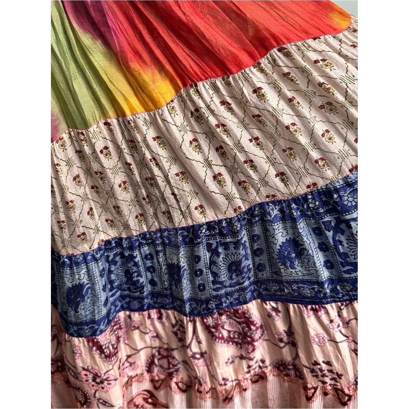 Vintage Silk Tangibles Patchwork Multi-Color Tiered Maxi Skirt M Boho Ren Fair