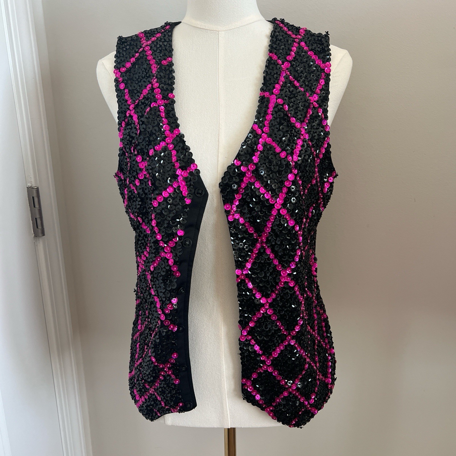 Vintage Hot Pink/Black Beaded/Sequined Vest Size XL from Glamorous Costume