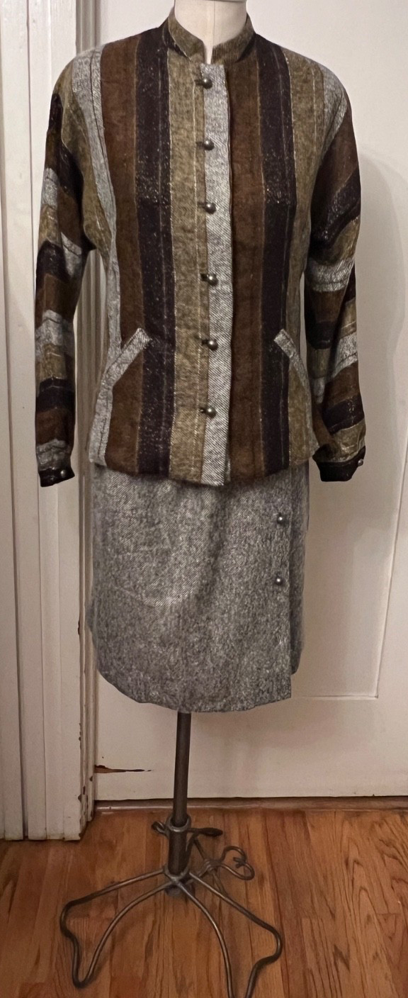 Vintage Ruth Matthews Design Tweed Wool Skirt Suit Black Brown Tan Grey Size 10