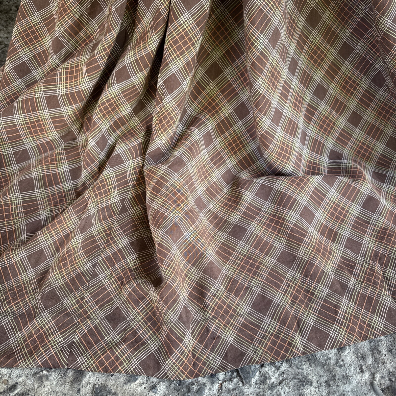 Vintage 1930s Brown Green & Orange Plaid Linen Dress Maxi Bell Sleeves Wooden