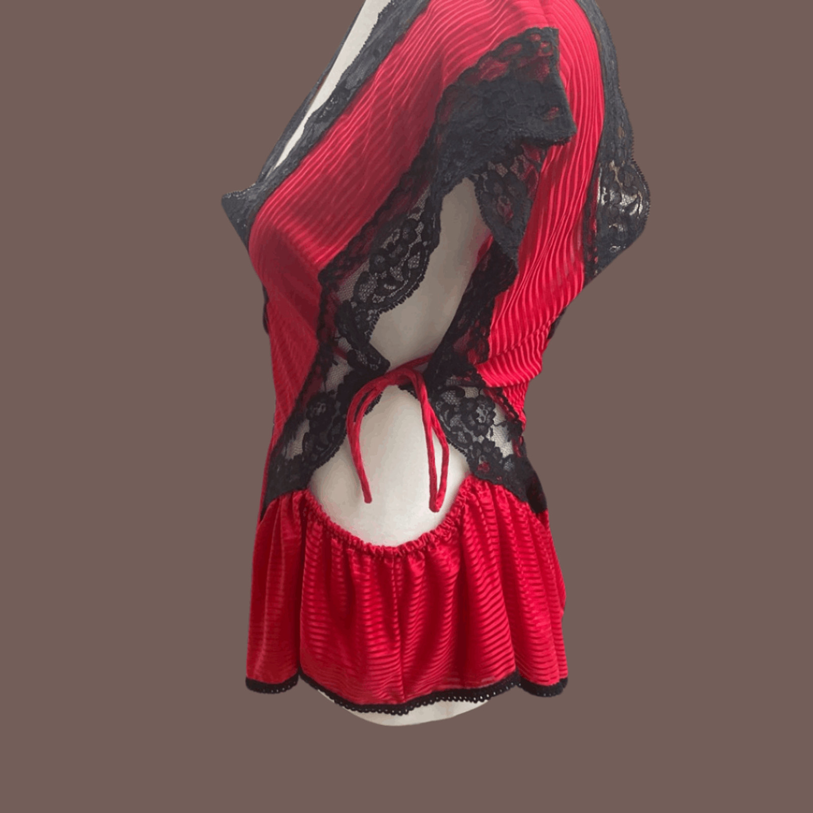 Vintage Stroke of Midnight Red Lingerie Top Black Lace Size L 80s