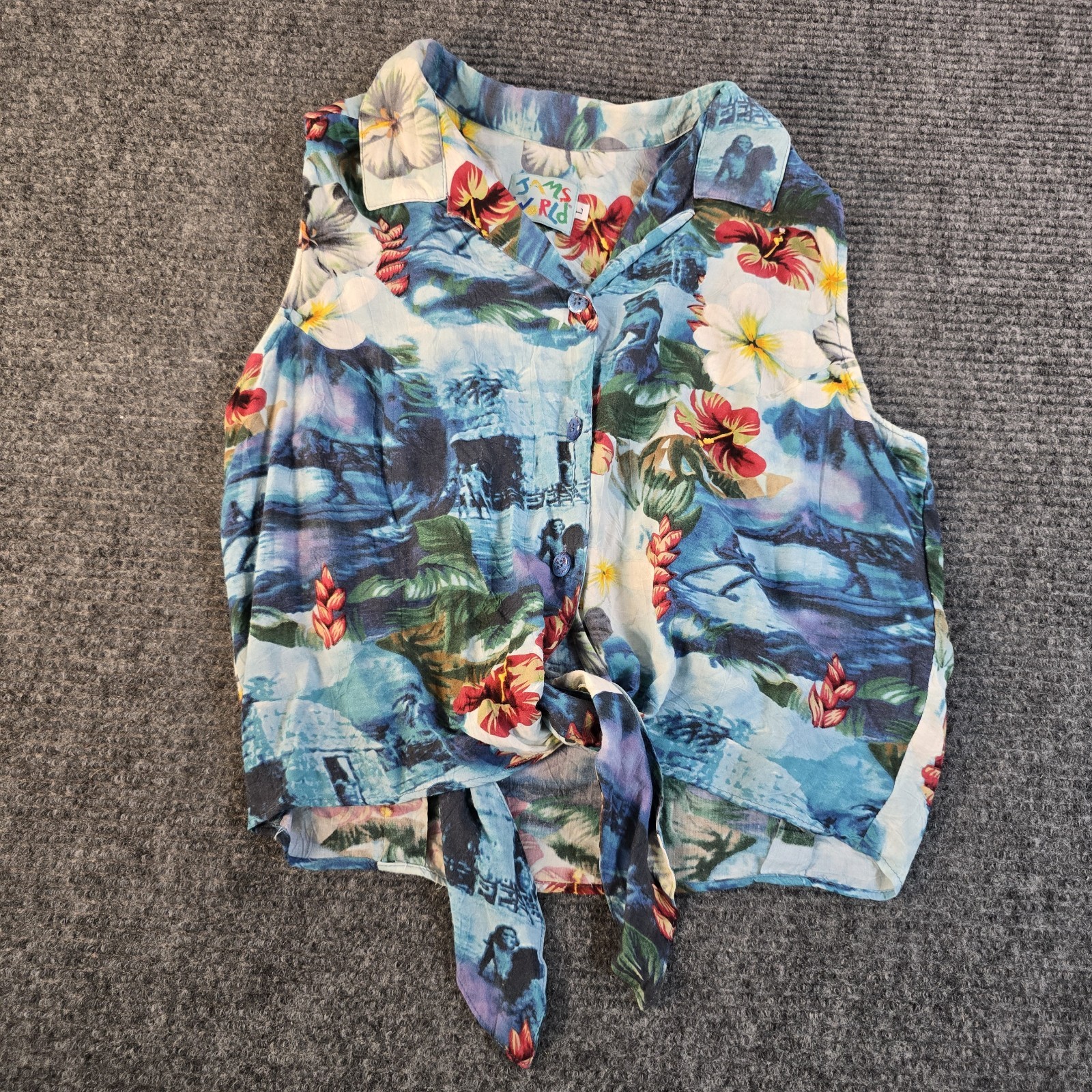 Vintage 1990s Tropical Paradise Button Up Crop Top by Jams World – Sz Large