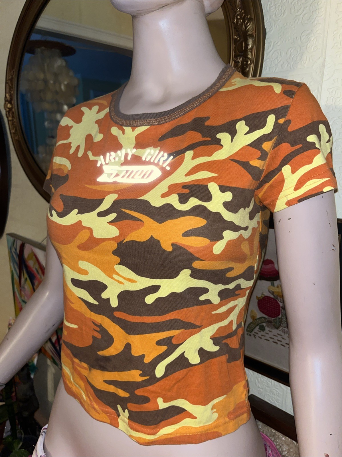 Vintage 90s Army Girl Jnco Baby Tee Shirt Top Orange Yellow Brown Camo USA Y2K