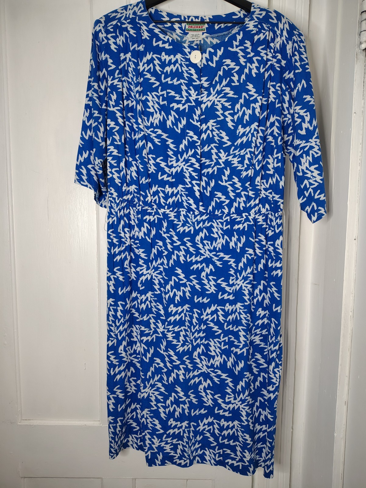 Vintage 1980s Zalerno Belted Blue White Zig Zag 3Q Sleeve T-Shirt Dress Womens L