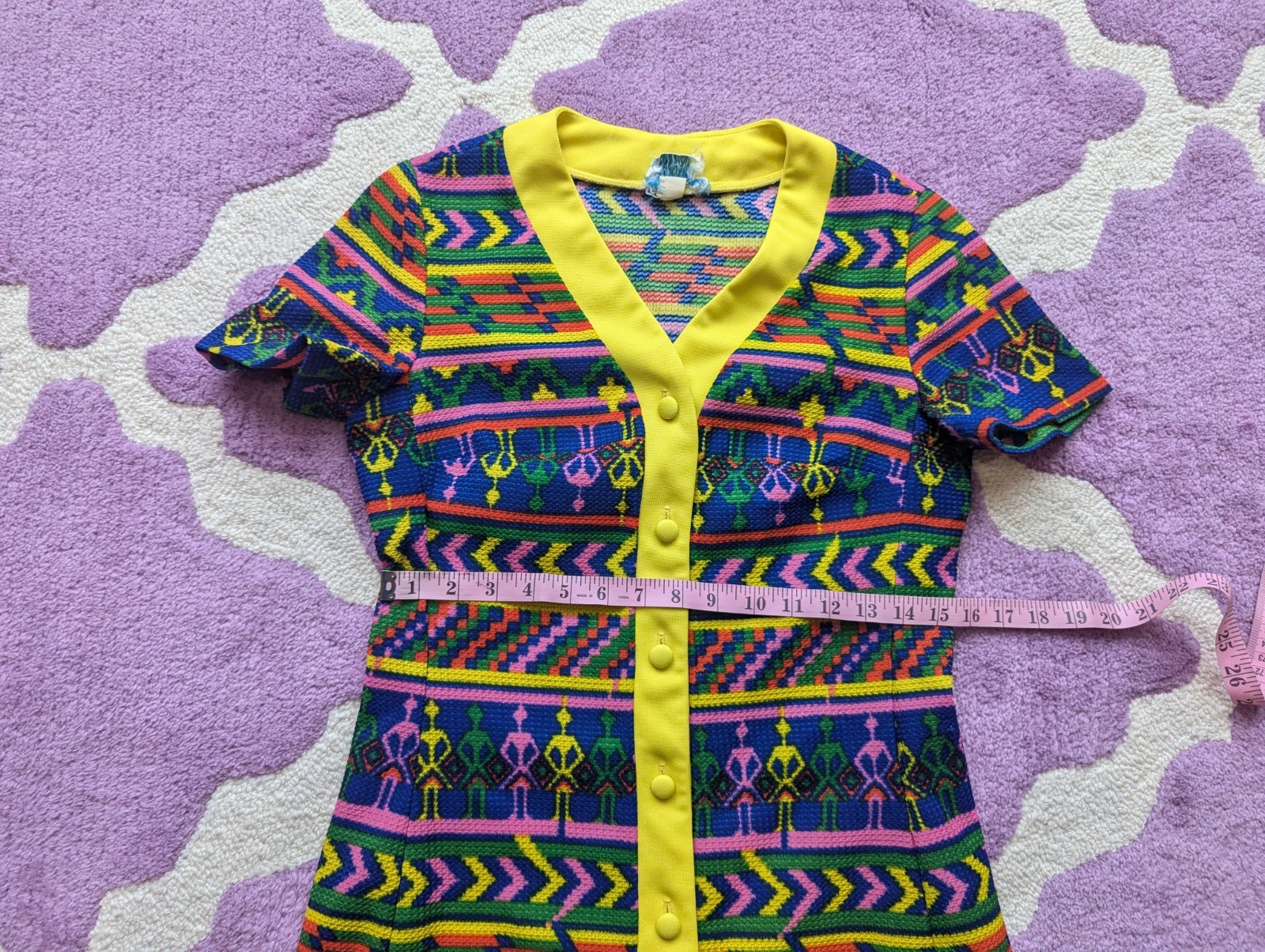 Vintage 70’s Hippie Funky Novelty Neon Rainbow Yellow Poly Tunic Top Size S/M