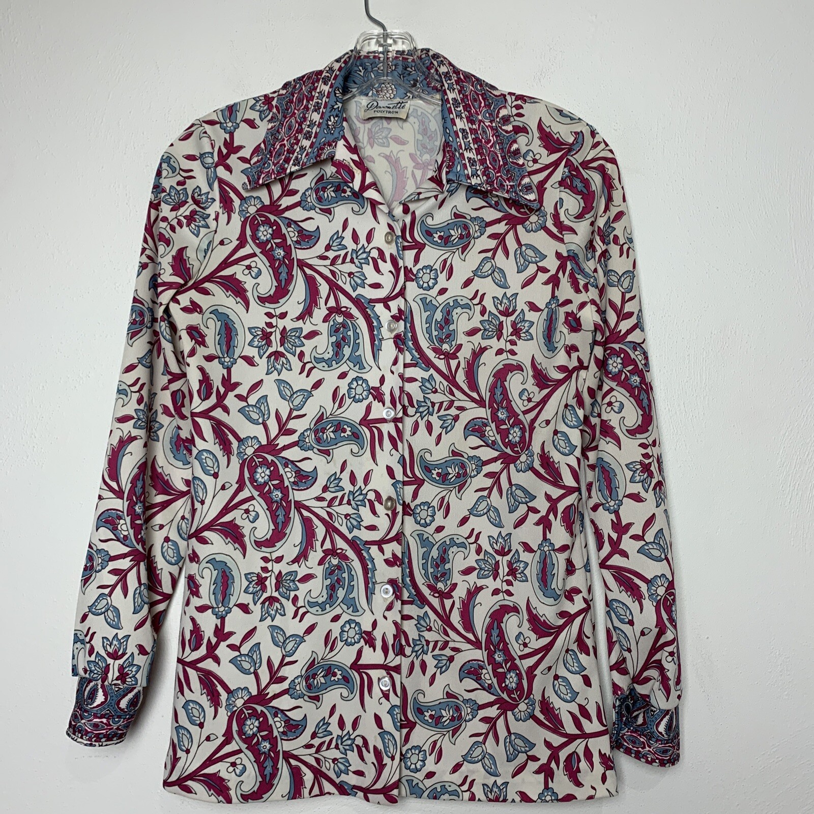 Vintage Polyester Top Blouse S Paisley 70s Pointy Collar Disco Devonette