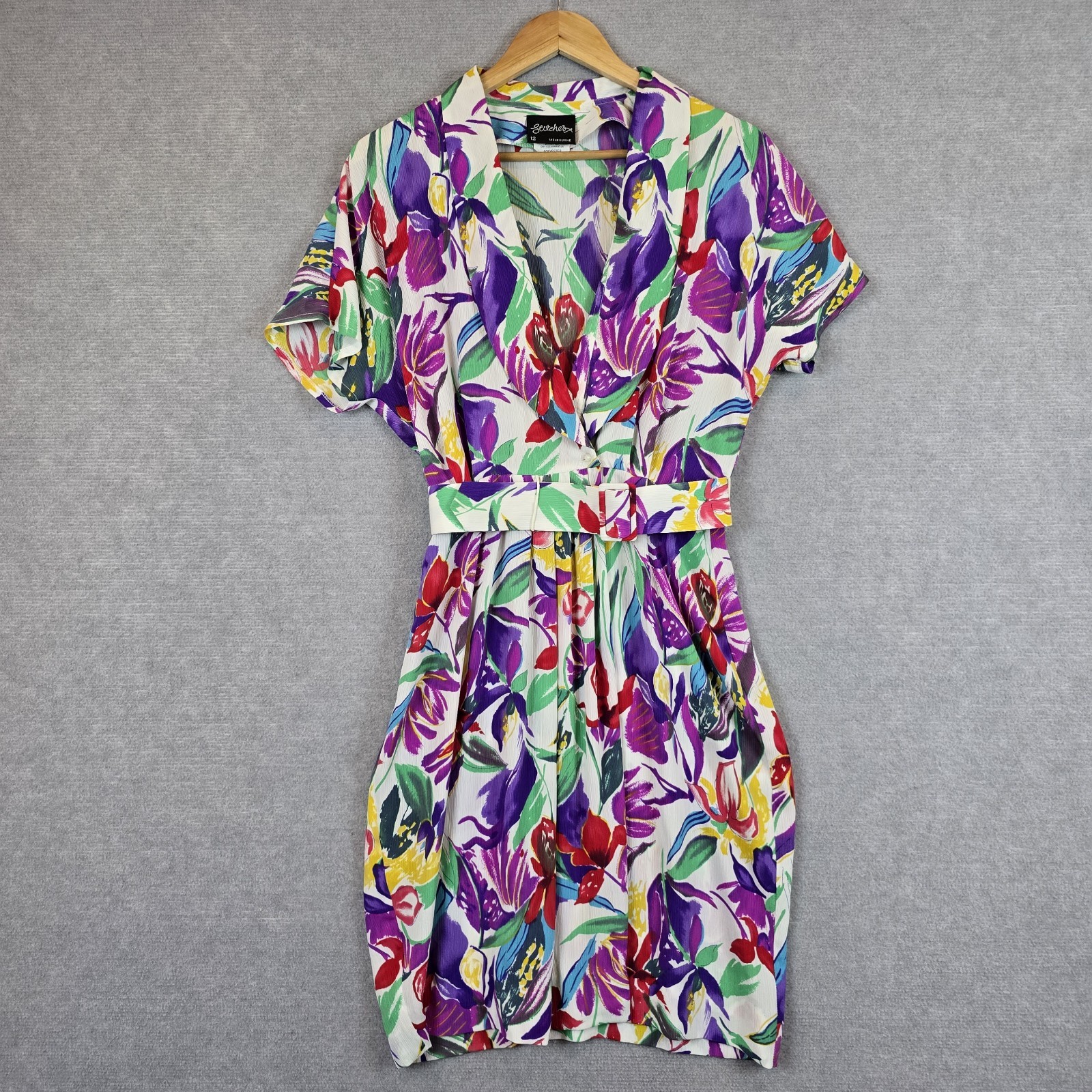 Vintage Stitches Day Dress Womens 12 Floral Belt 80s Garden Party Retro Resort