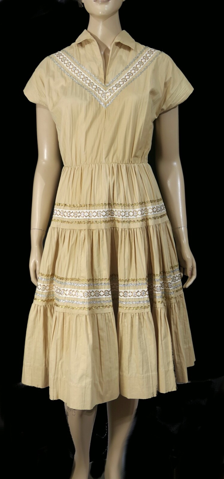Vintage 50s 60s 101 Western Silver Gold Zig Zag Full Cotton Patio Dress S M
