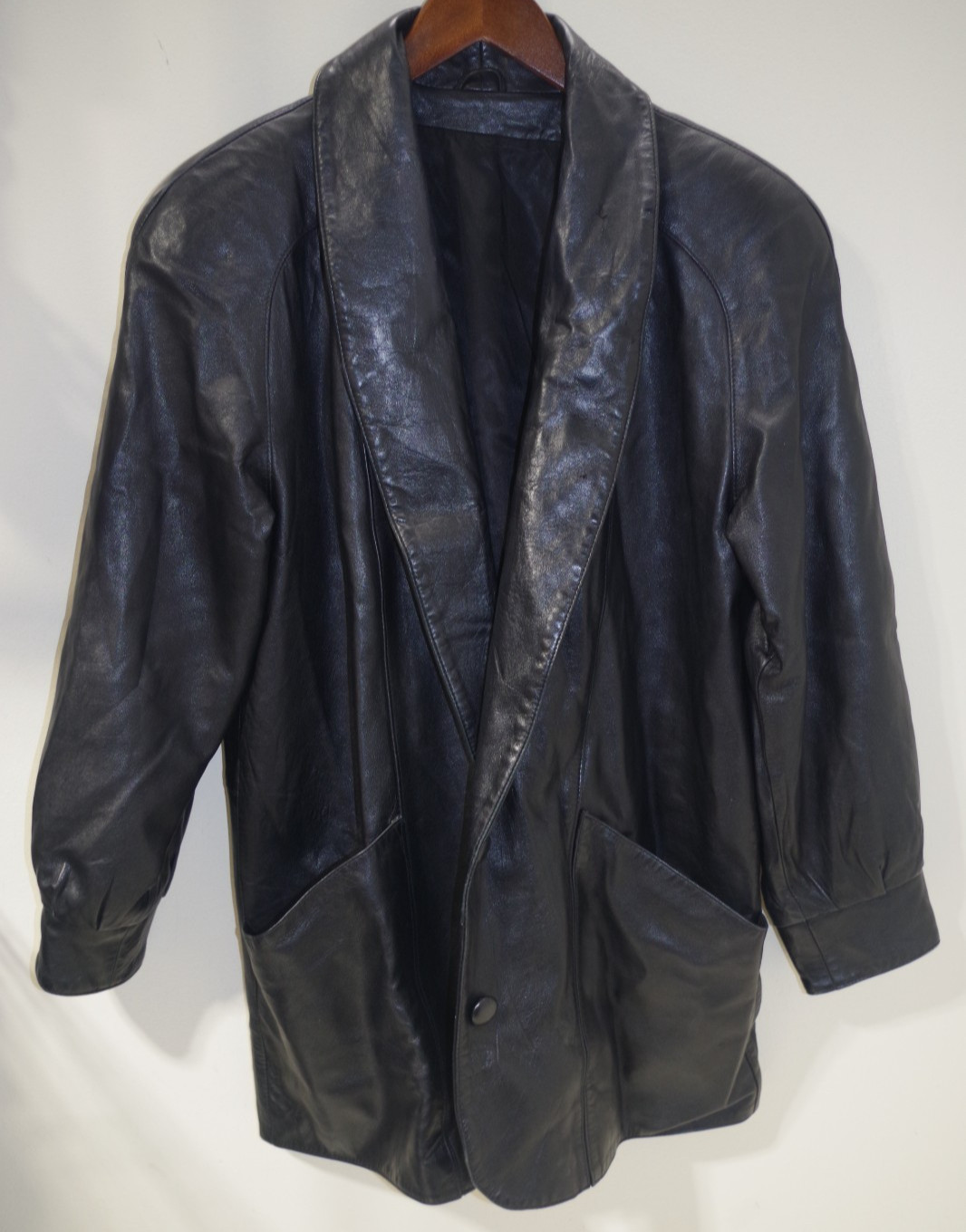 10B Vintage Womens M/L Black Leather Jacket Shawl Collar Raglan Coat