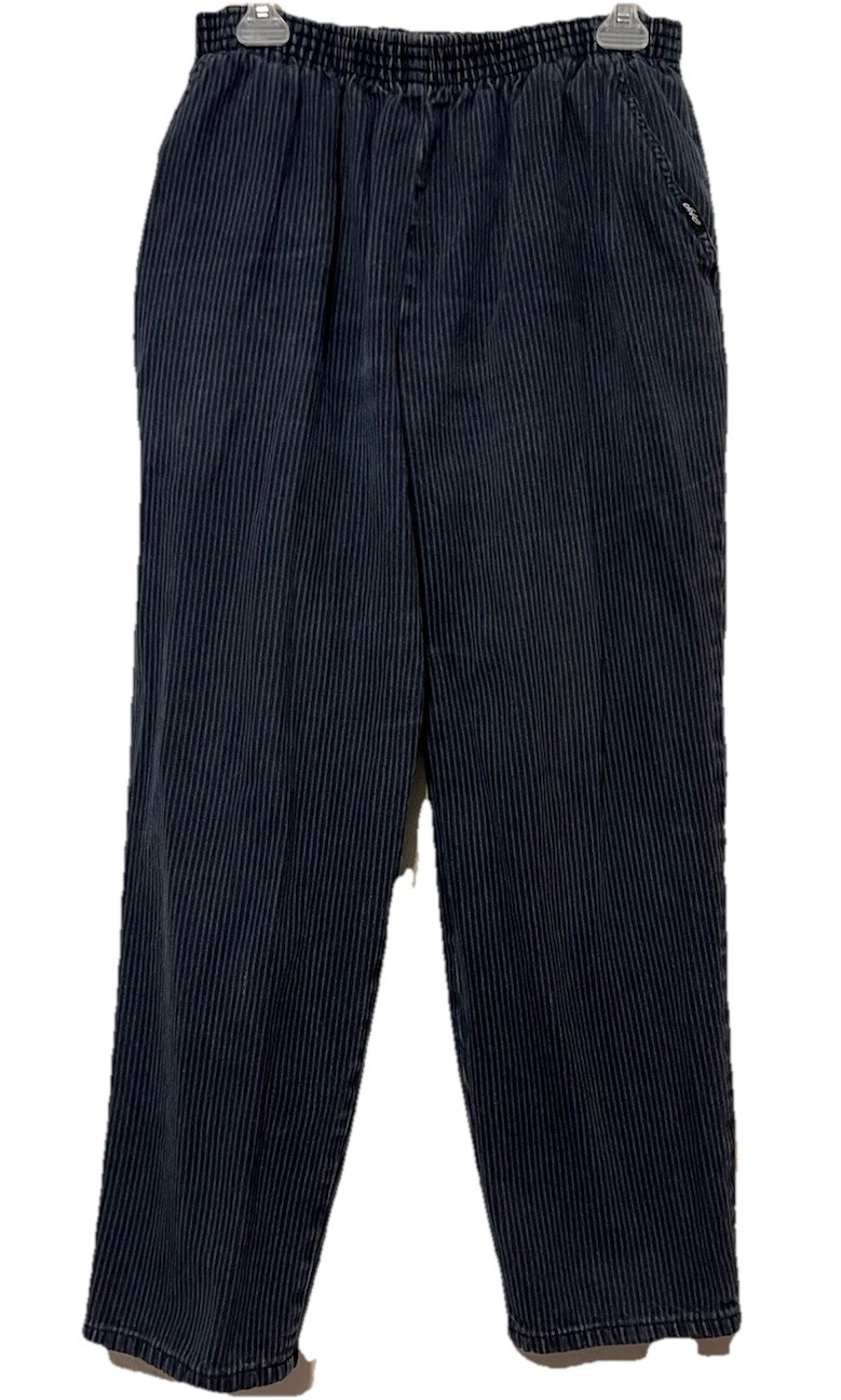 Chic Vtg Petite Size 4P Pinstriped Jean Pull On Blue Pants Elastic Waist 26×26.5