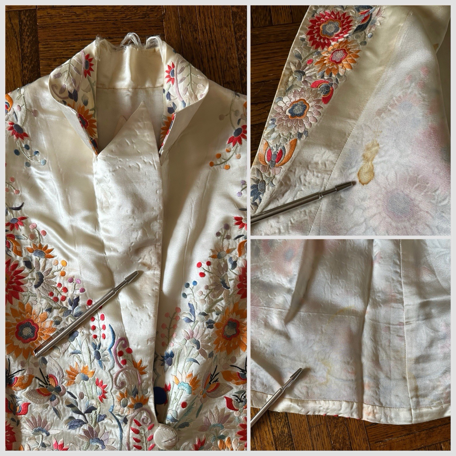 1920s 30s Silk Embroidered Export Piano Shawl Jacket Moth Floral Peking Knot VTG
