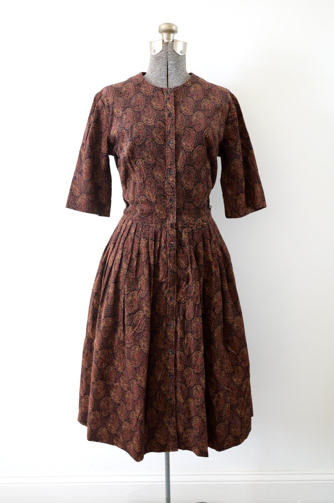 1960s COS COB Black Brown Red Paisley Corduroy Fit and Flare Button Front Dress