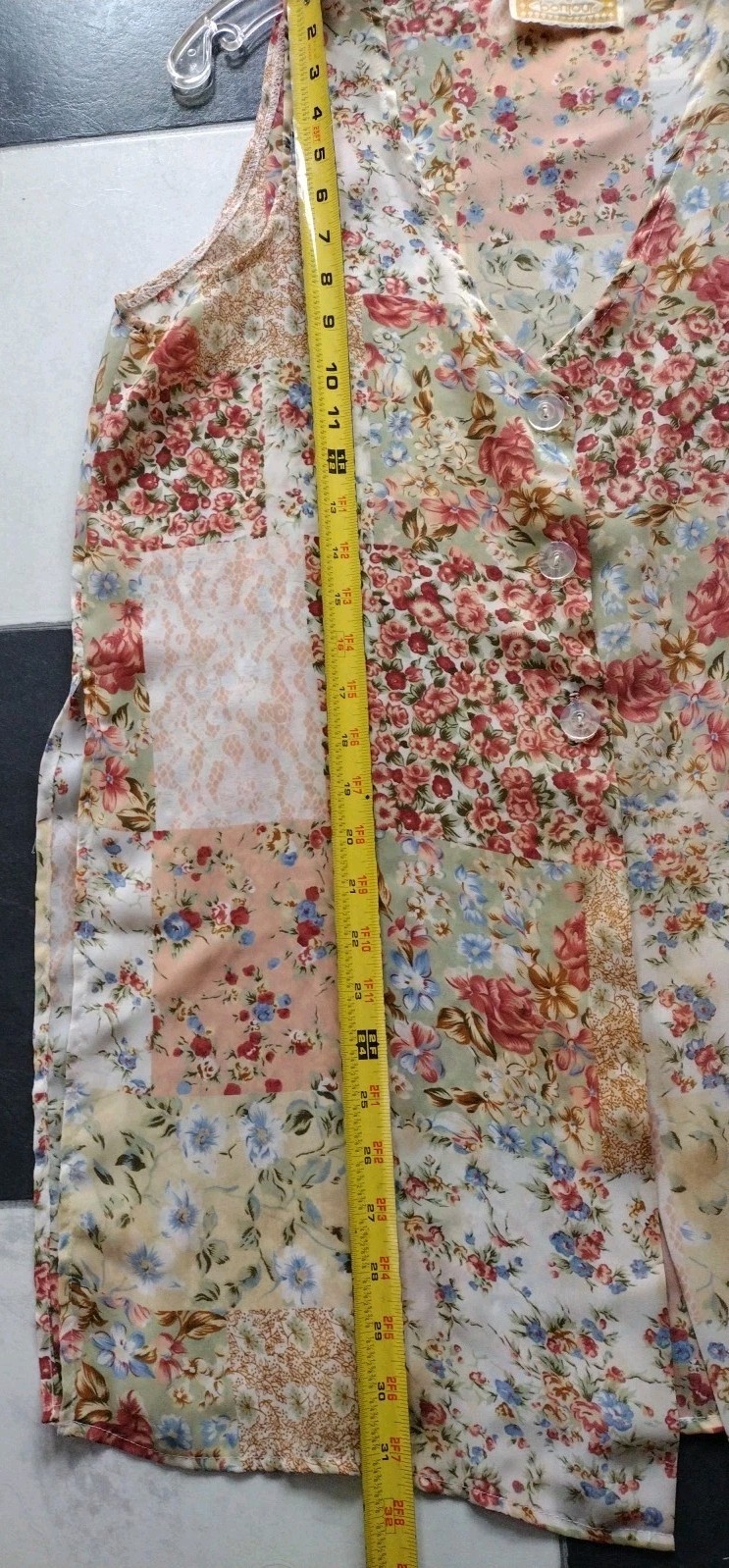 Vintage 90s Bonjour Sheer Patchwork Print Vest Blouse Side Slit Buttons See Meas
