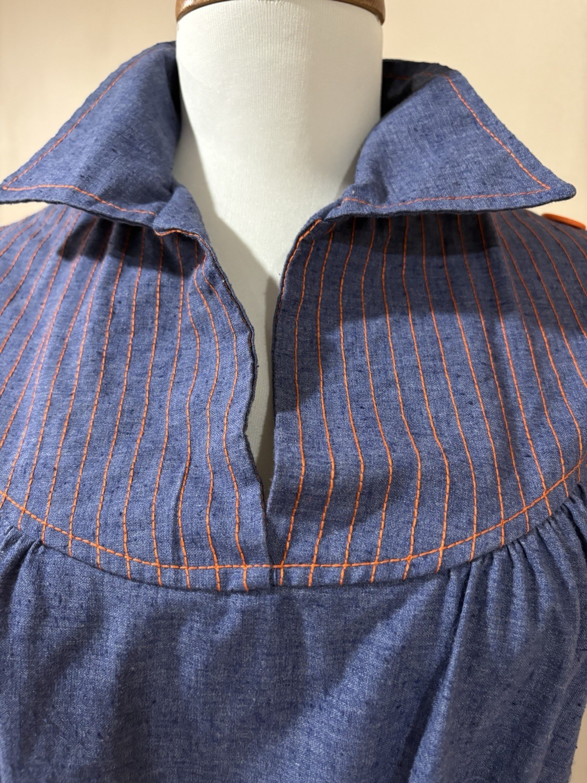 Vintage 70s Chambray Denim Mod Day Dress Mini Belted Pockets Contrast Stitch S