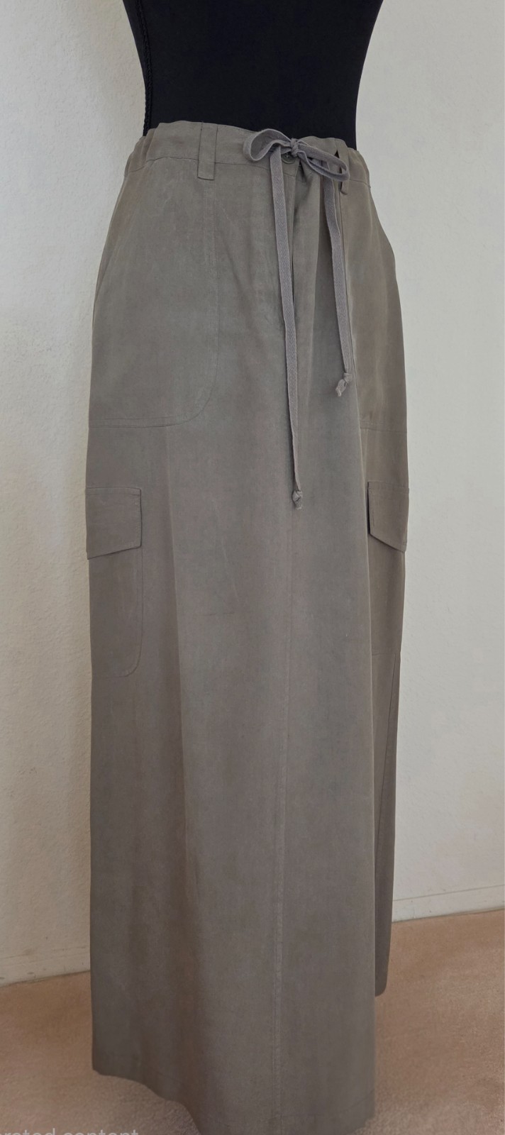 Vintage Carole Little Maxi Khaki Green Silk Cargo Skirt with adjustable waist