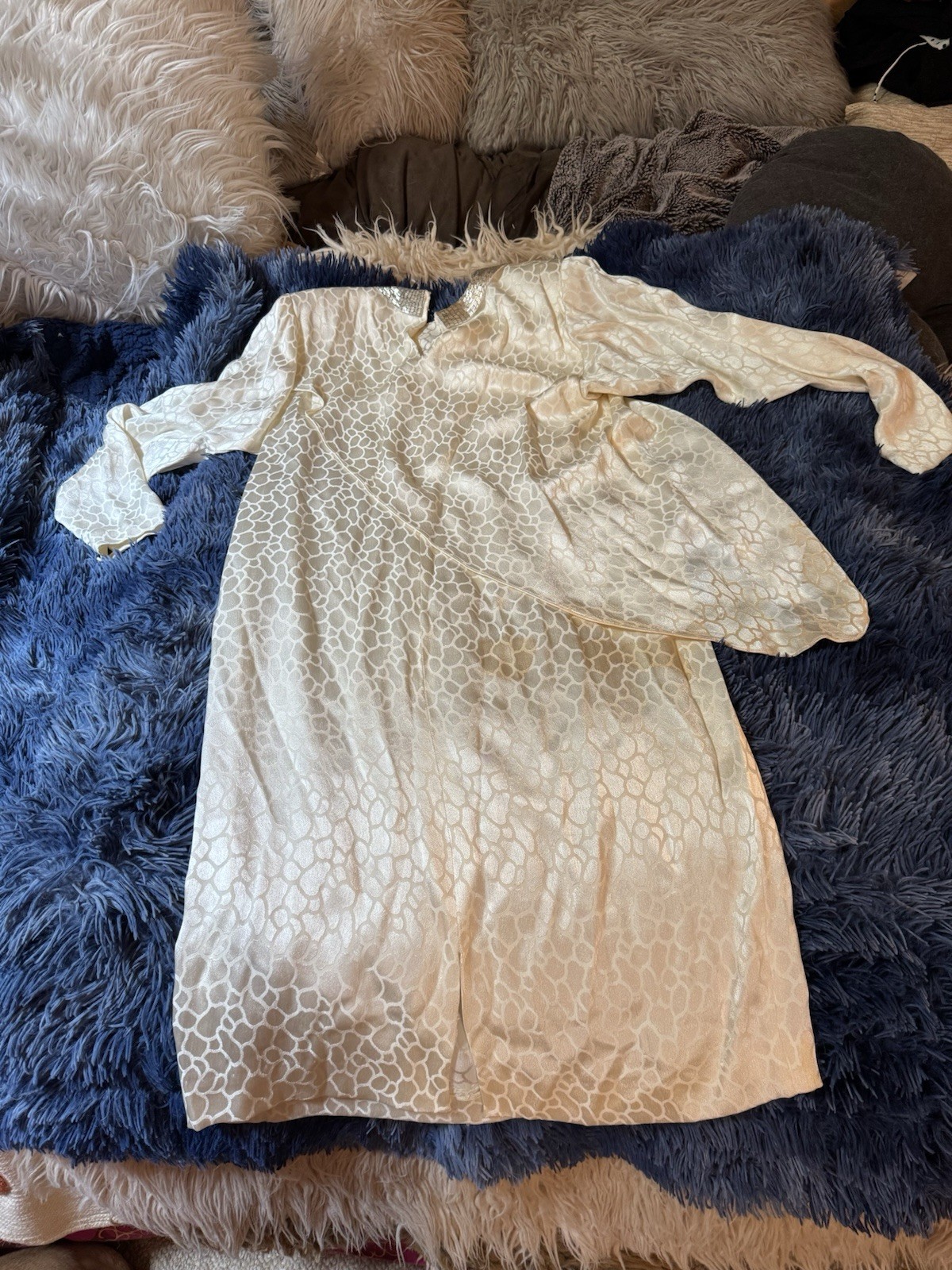 Vtg A J Bari Isaacson’s Ivory Off White Leopard Beaded Neckline Shoulder Dress