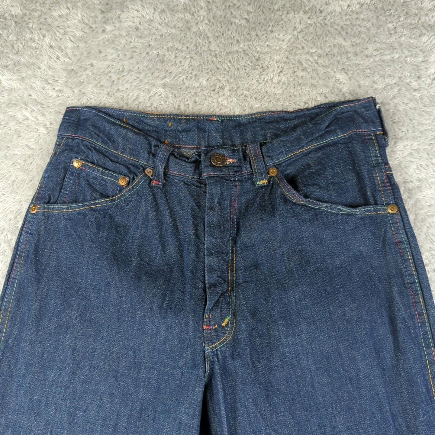 Vintage 1970s Farah Jeans Womens 31 XL Blue Flare Bell Bottoms Rainbow Stitch