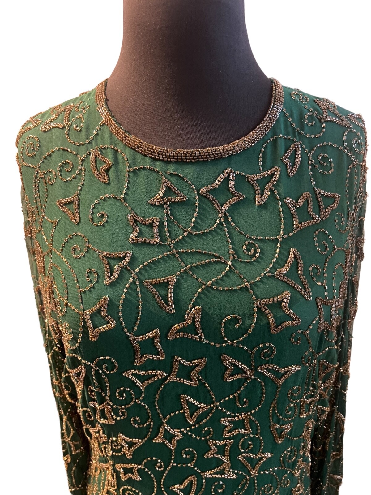 Vintage Evening Gown Niteline by Della Roufogali Green beaded Long sleeve, SZ 16