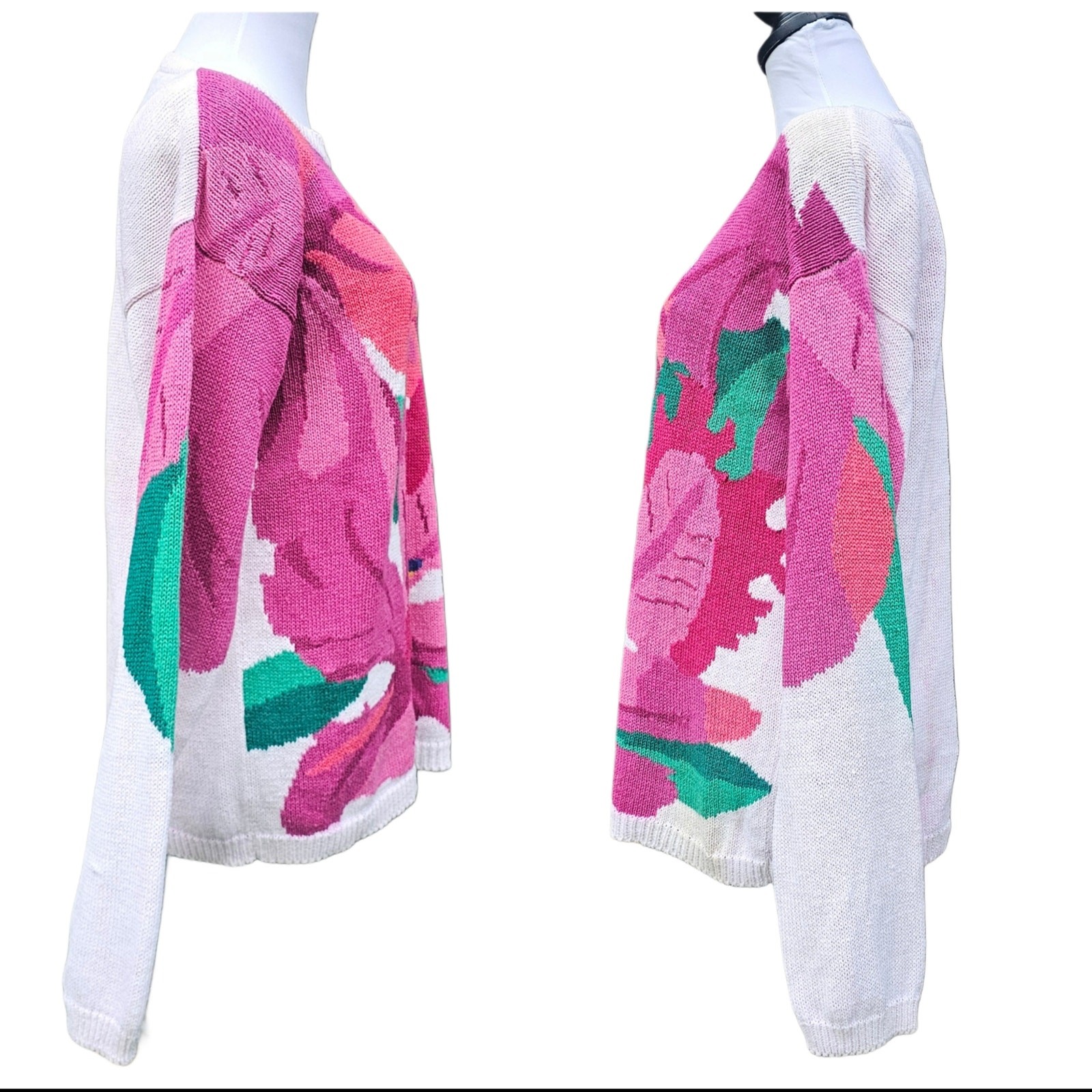 Bright Pink Floral Sweater Pierre Cardin Size S White Flower Vintage Colorful