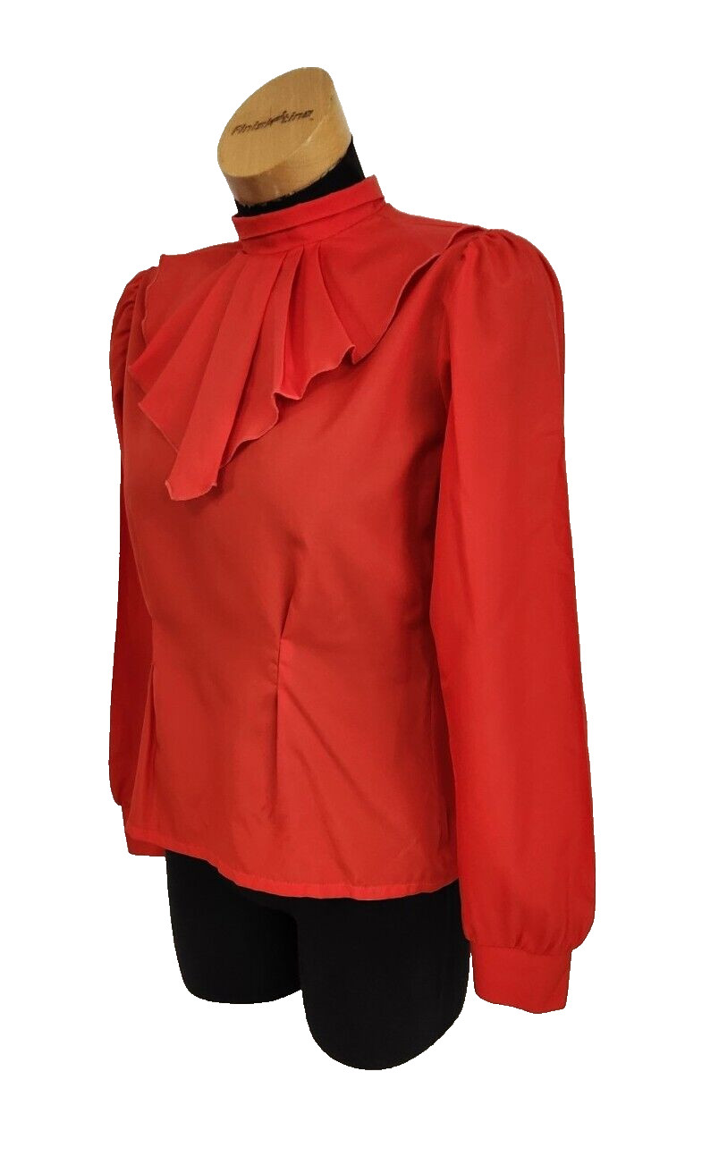 Vtg 70s Rust Red Long Sleeve Blouse Oversized Ruffled Collar Fitted Waist Retro