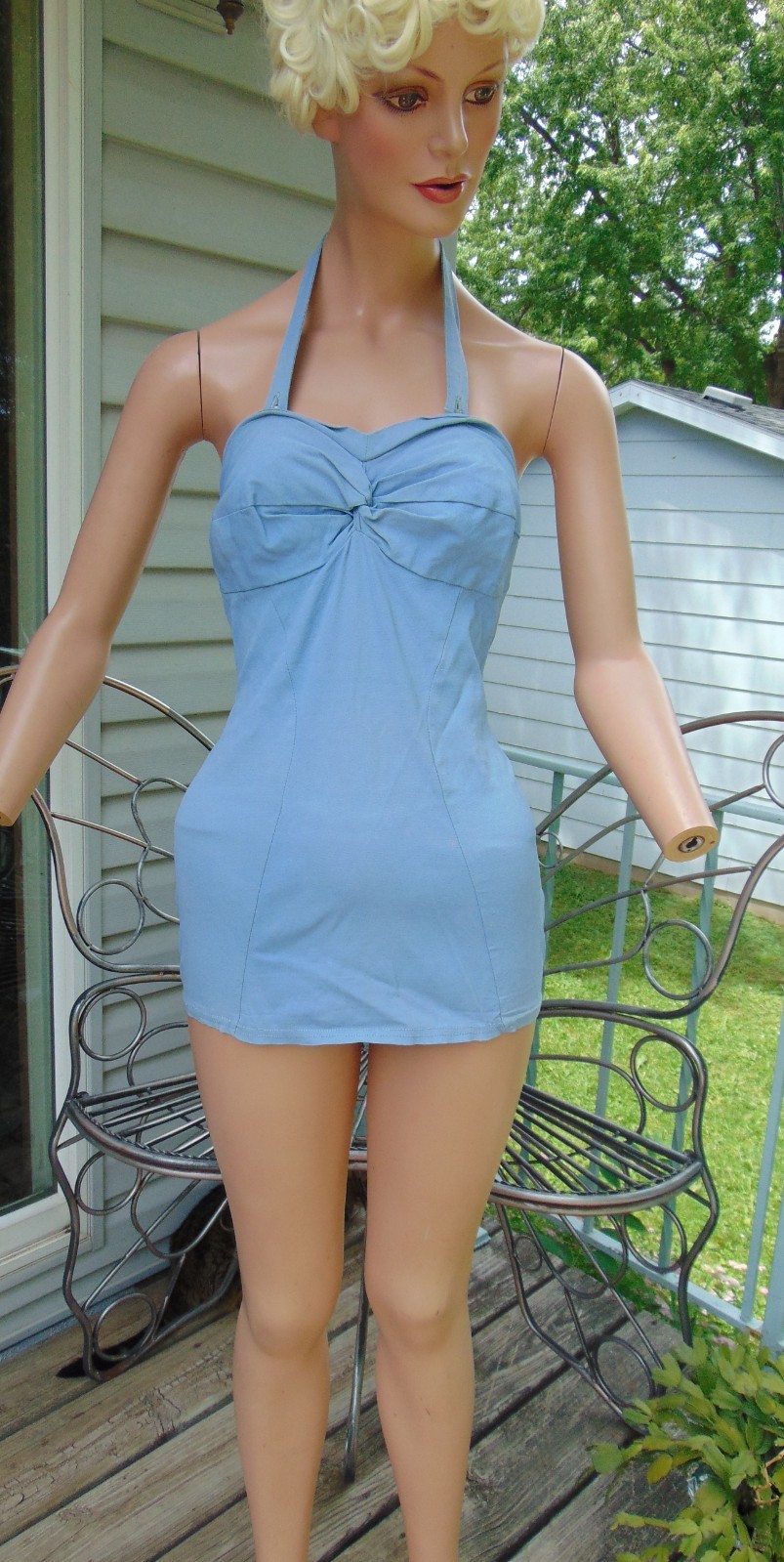 VTG 1940s Styled by Nanina Baby Blue Ruched Halter Bathing Suit sz 38