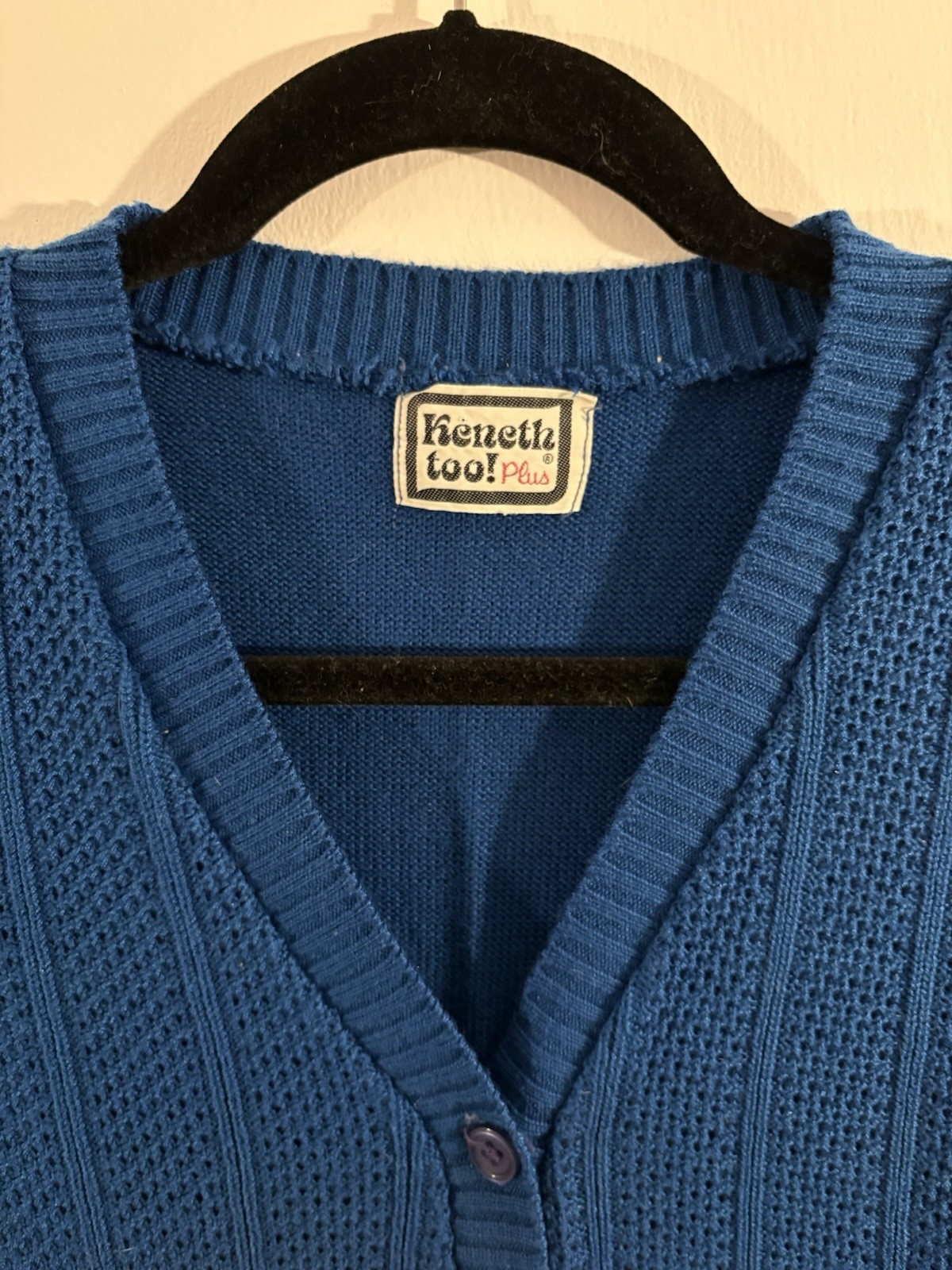 Vintage 1970s Kenneth Too! Blue Knit Sweater, Button Down, Size S/M