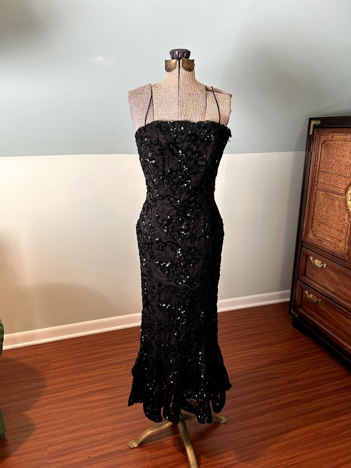 1960s 1970s Incredible Black Sequin Mermaid Gown With Statement Ruffle Bolero