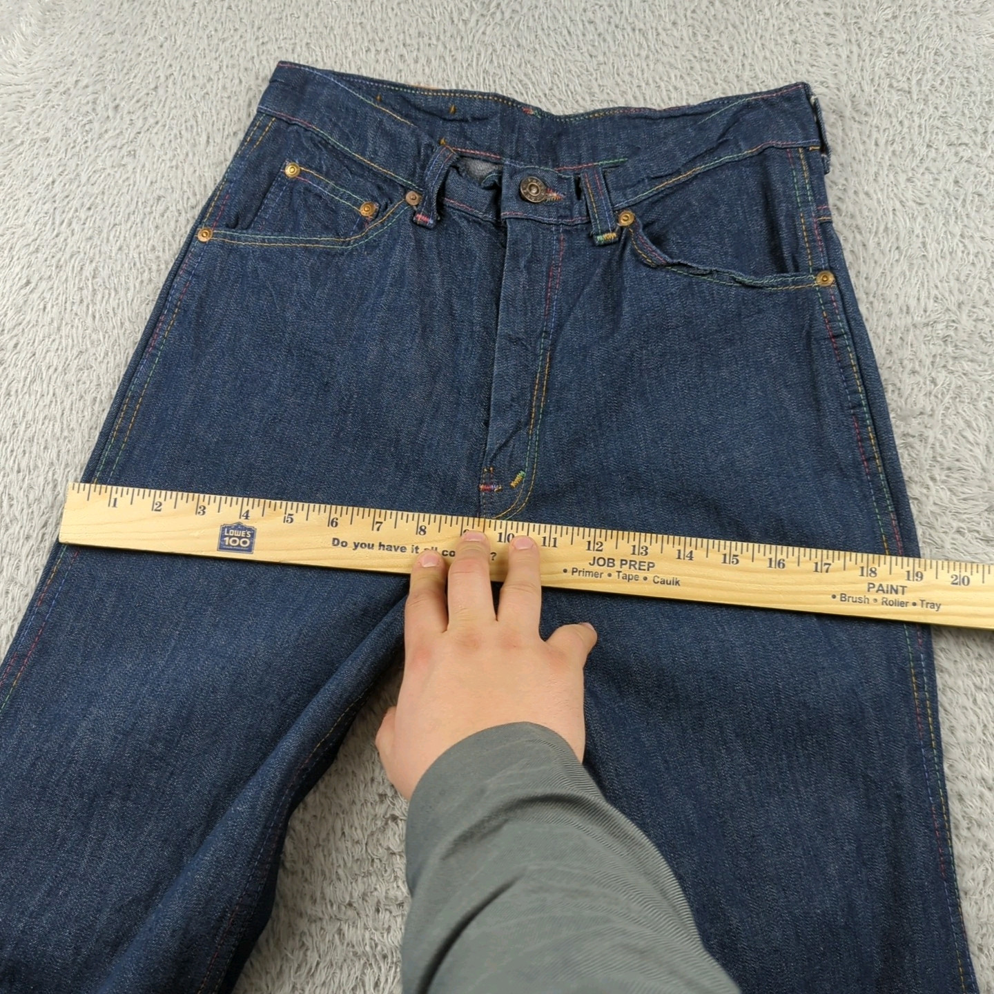Vintage 1970s Farah Jeans Womens 31 XL Blue Flare Bell Bottoms Rainbow Stitch
