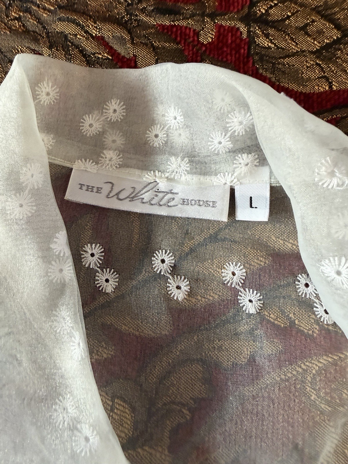 Vintage Embroidered Eyelet White Sheer Organza Lace Shirt Blouse Top Size M