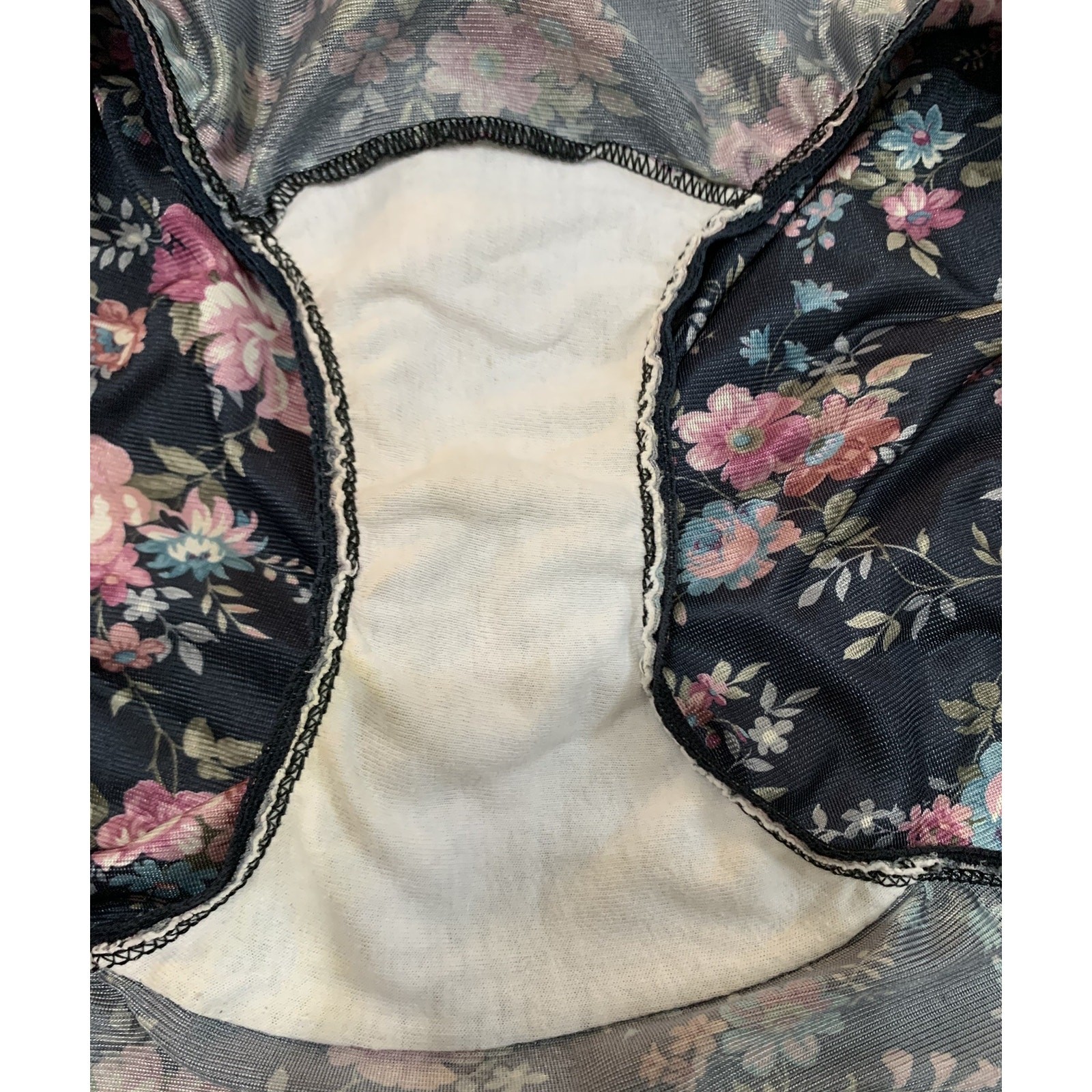 Vintage Vanity Fair Panties Black Pink & Blue Floral 100% Nylon Size 7 / 44 NWOT