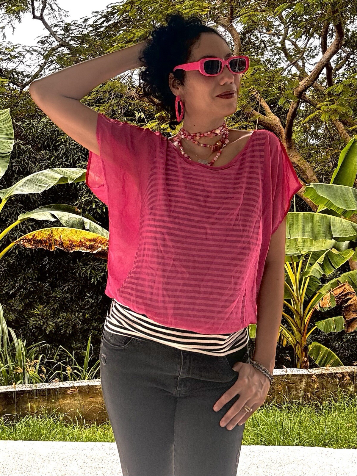 Vintage 90 I.N. Studio Woman Black-and-white stripes pink Sheer Ladder Top SZ M
