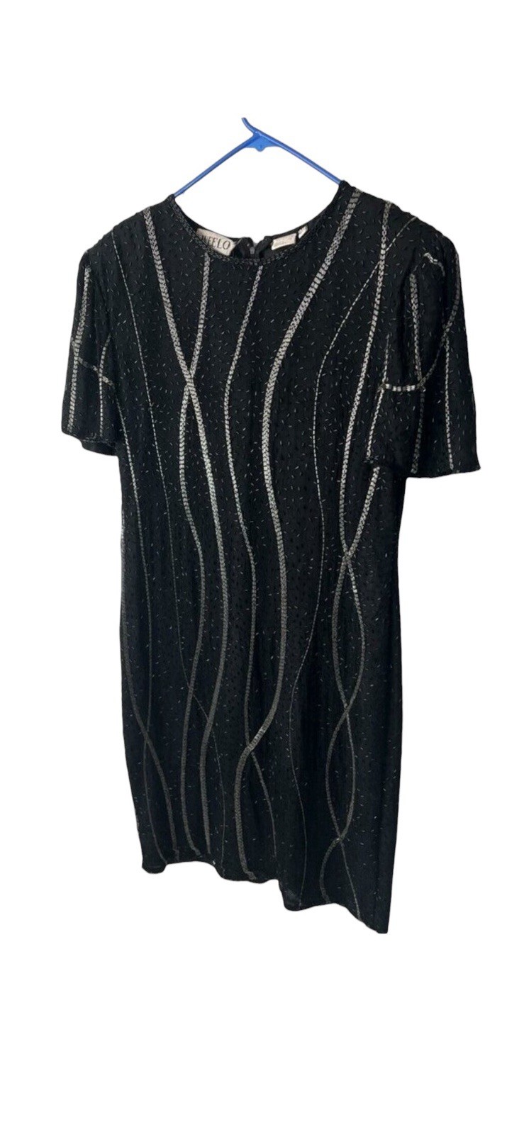 Vintage Sweelo Beaded Black Silver Dress L 12/14 Short Sleeve Lined Midi Elegant