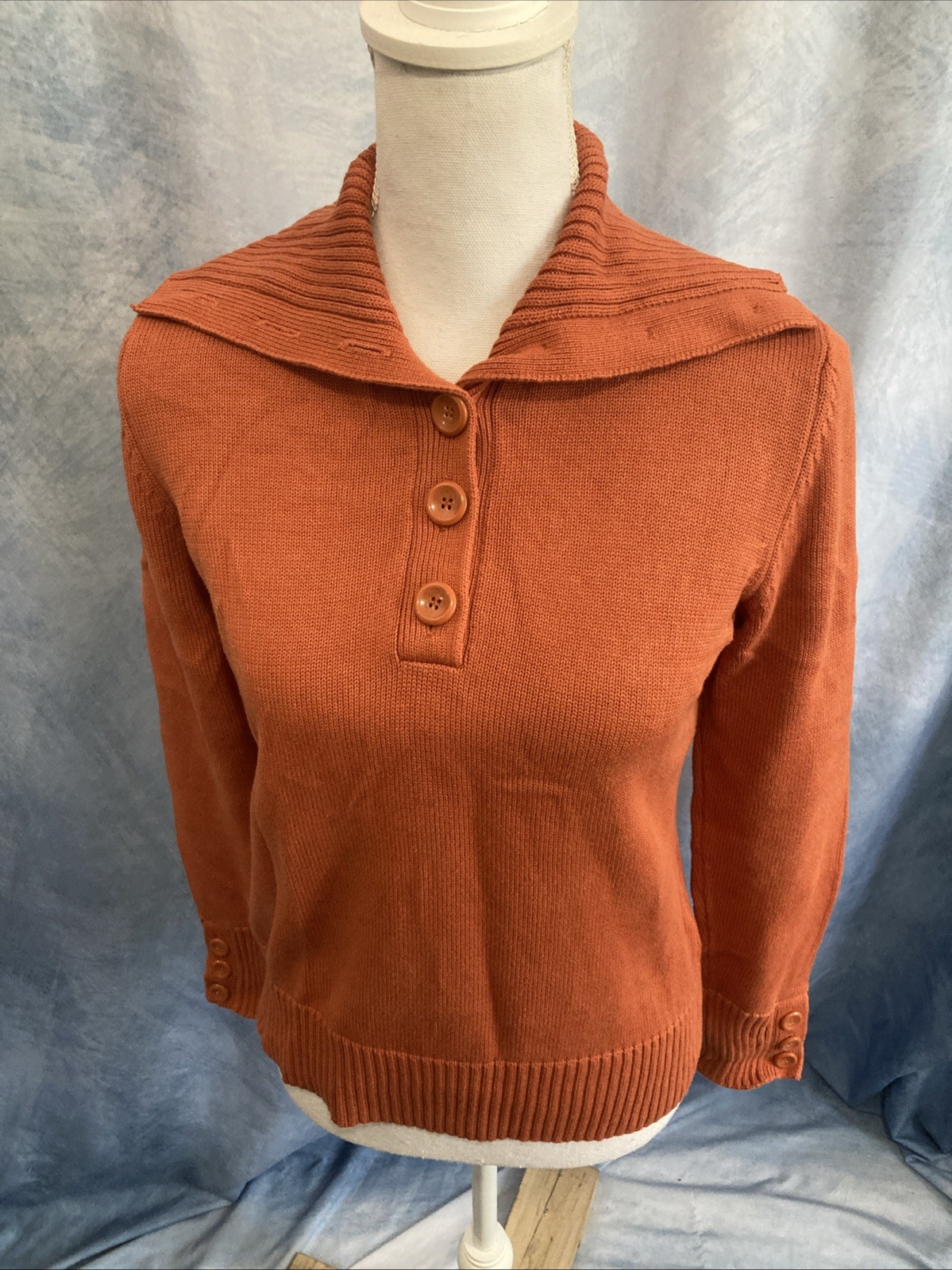 Vtg 90s Y2K August Silk Burnt Orange Ribbed Shawl Collar Sweater M 100% Cotton
