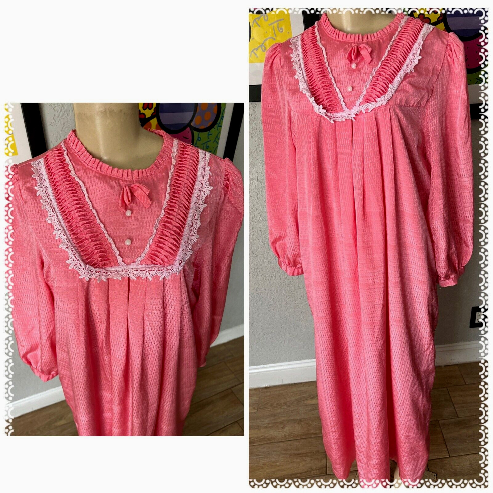 Vtg Peasant /Prairie Dress Long Pink Lined Lace Fancy Neckline M see detail xlc
