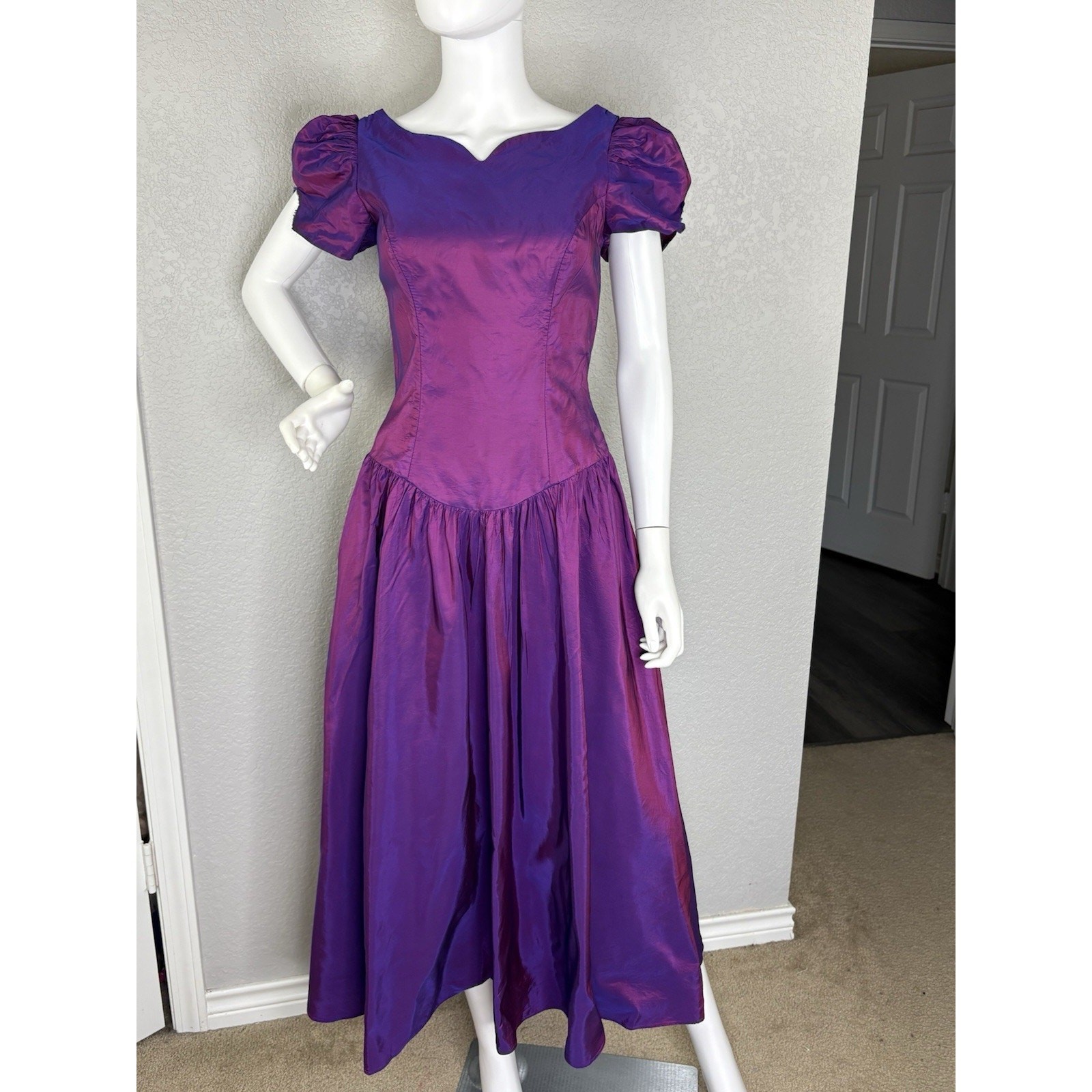 Vintage 80s Alfred Angelo Midi Dress Puff Slv Iridescent Purple Taffeta Prom S