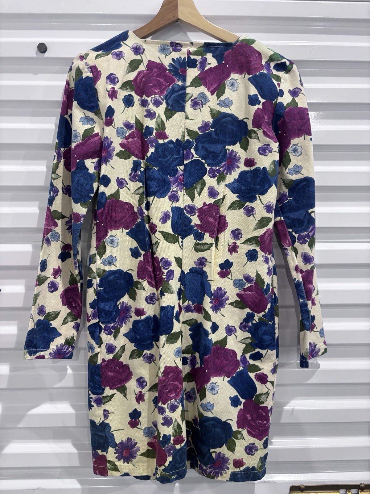 Vintage 90s Paris Blues Floral Denim Dress Size 5 Blue Purple Roses Cottagecore