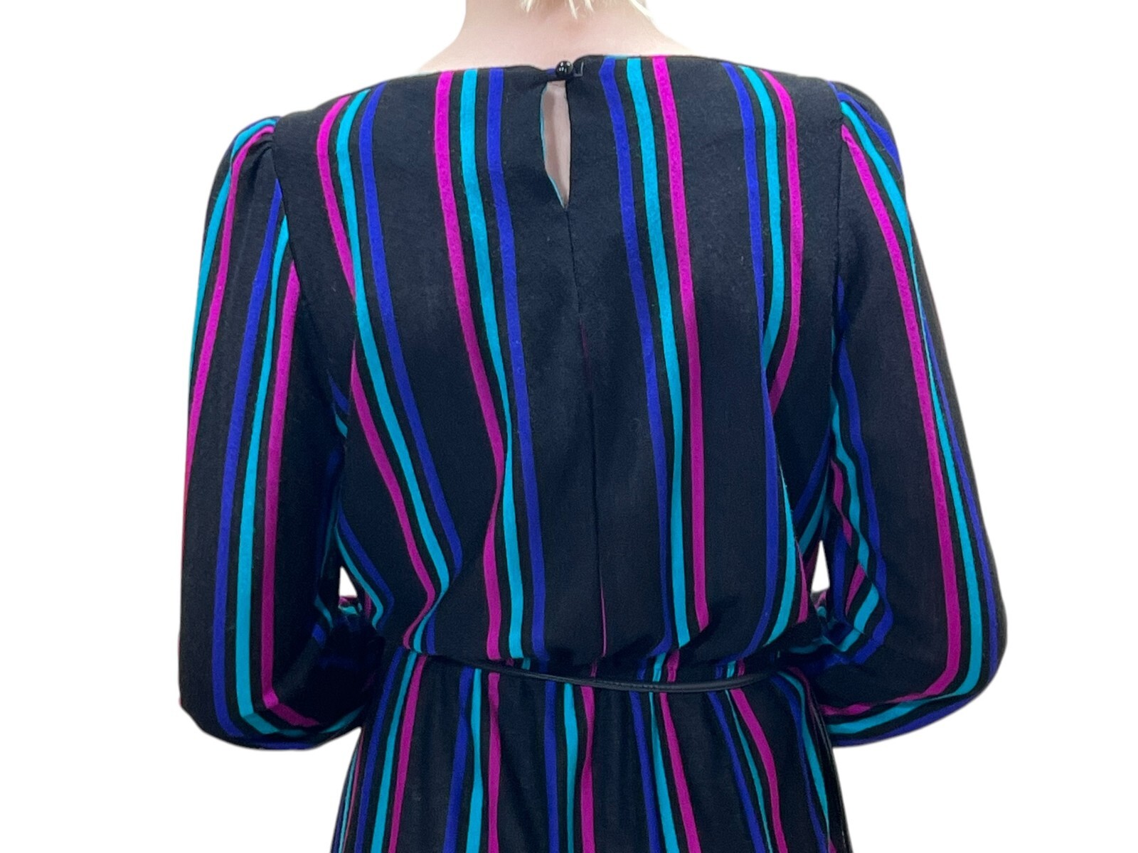 EUC Vtg 70s Sz S~M Dress Stripe Soft Knit Belt Sally Lou Boat neckline Puff Slv