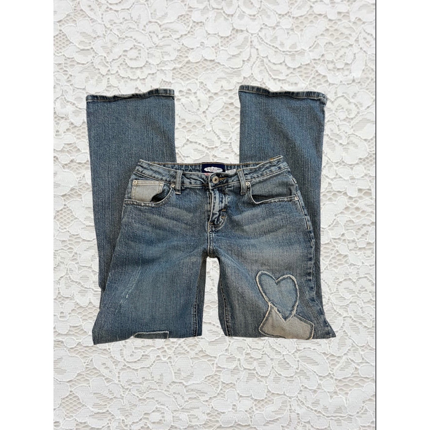 vintage low rise heart patchwork bootcut flare jeans