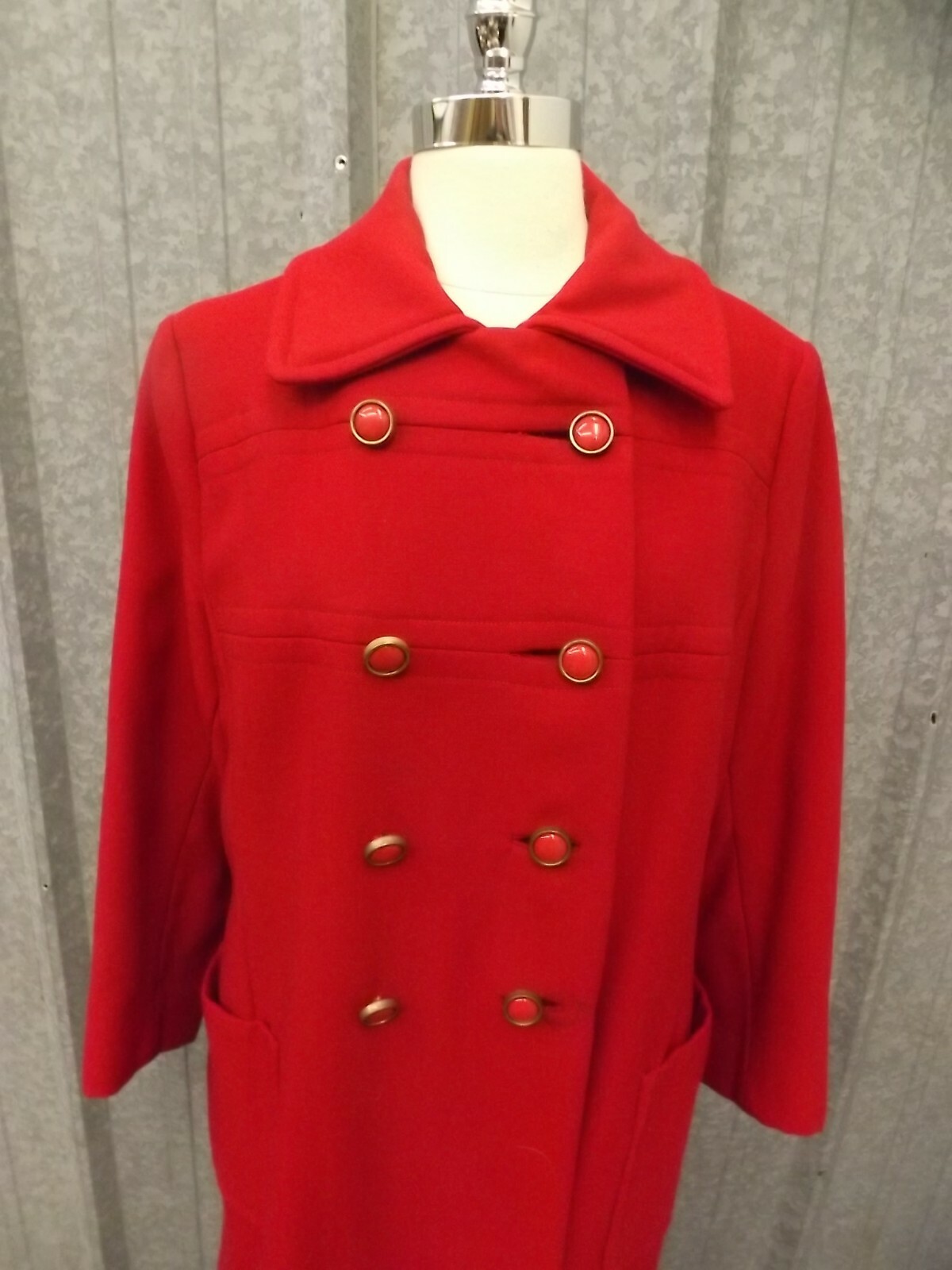 Stylecraft Vtg 1960s Red Double Breasted Belted Back Wool Insulated Long Coat L