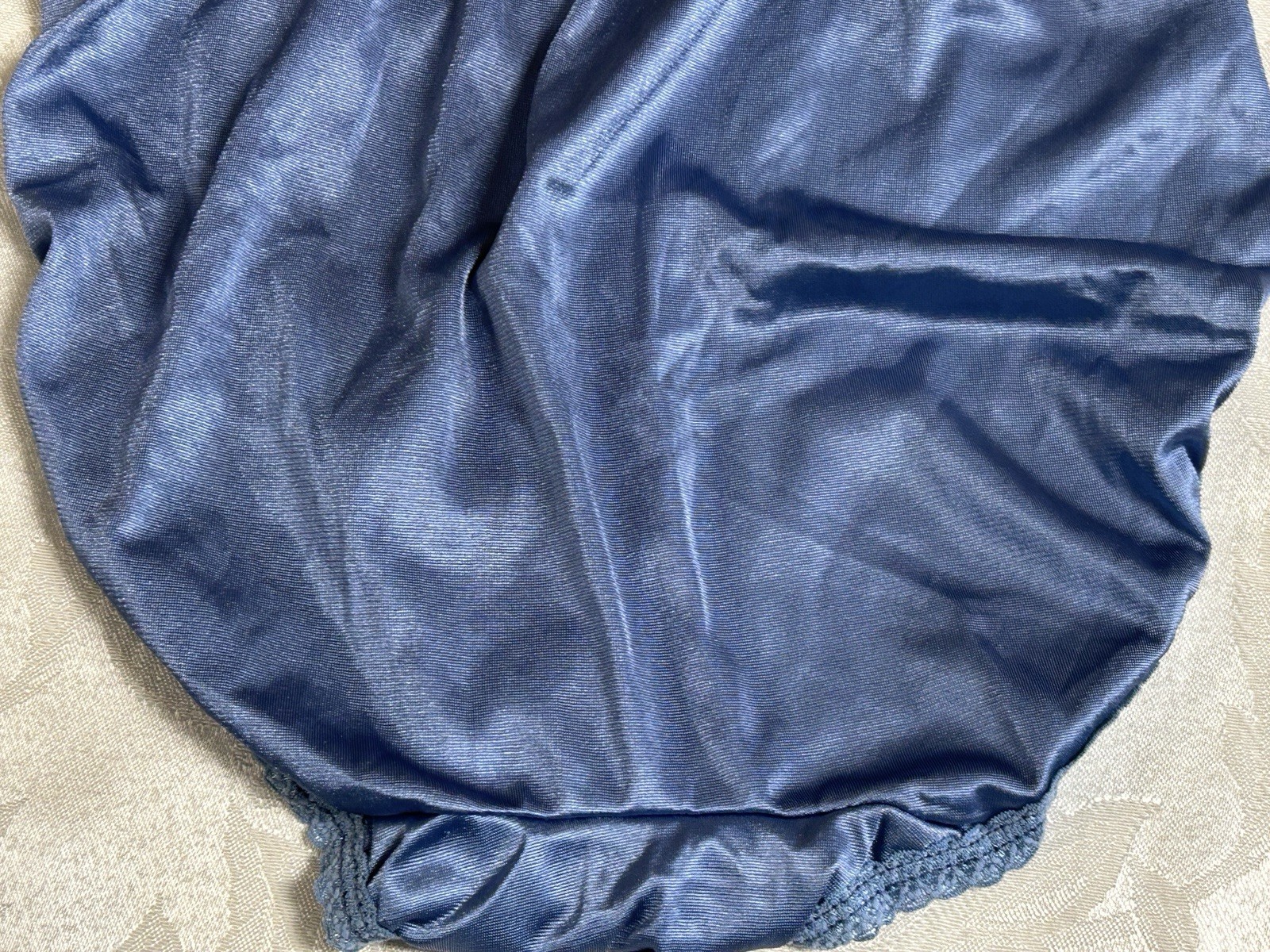 Vtg HANES Silky Satin Hi-Waist French Hi-Cut Wide Lace Band Size 6 Blue Panties