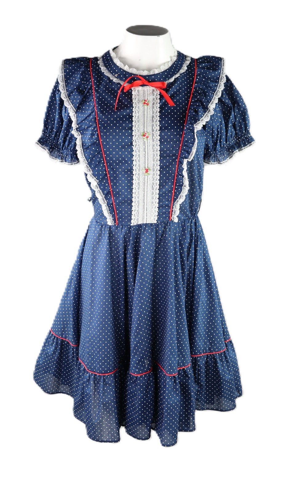 VTG 60s Jeri Bee USA 0 XS Square Dance Prairie Lace Polka Dot Knee Dress Blue