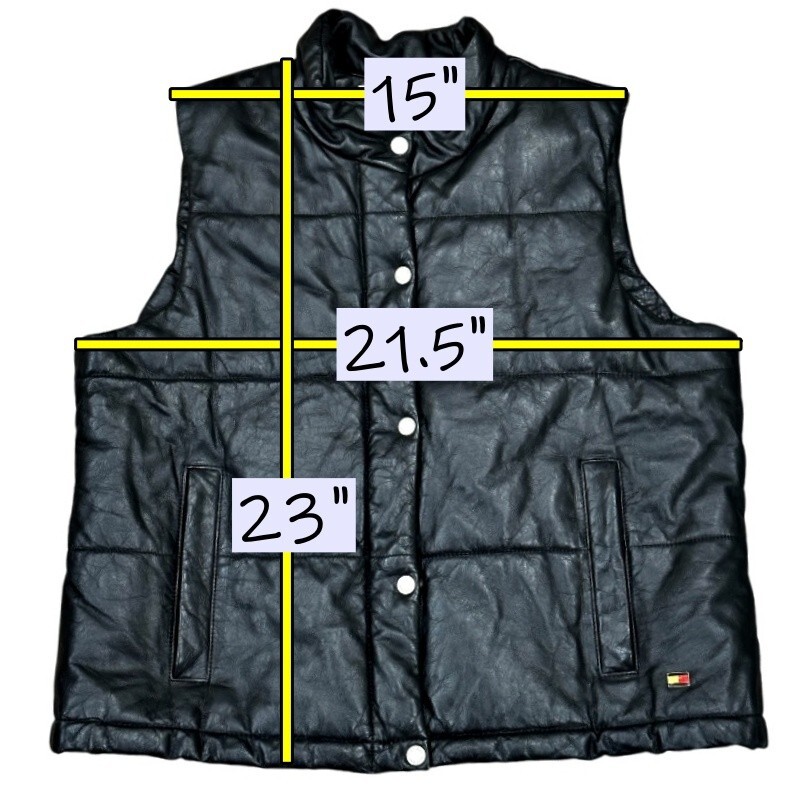 VTG Y2K Tommy Hilfiger Black Leather Puffer Vest XL Zip Snap Streetwear Normcore