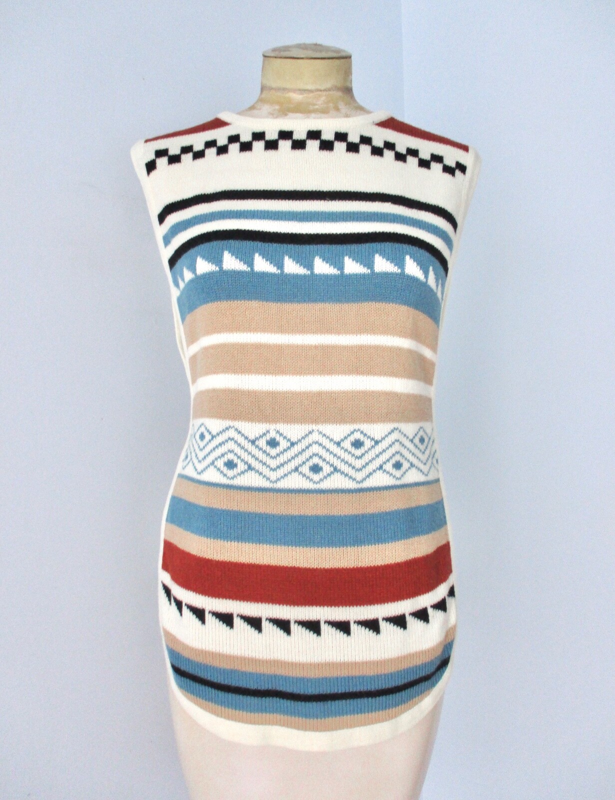 Vtg 70s Ivory 2-Pc Disco Cowl Neck Sweater Dress Blue Tribal Stripe Tunic Vest 8