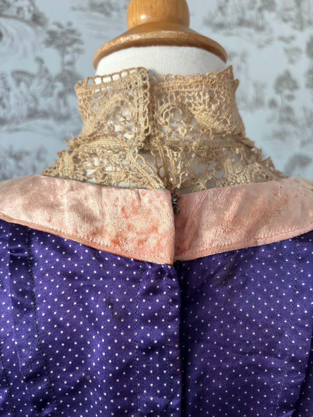 Rare Antique 1900s Edwardian Purple Silk Blouse Lace High Neck and Peach Velvet