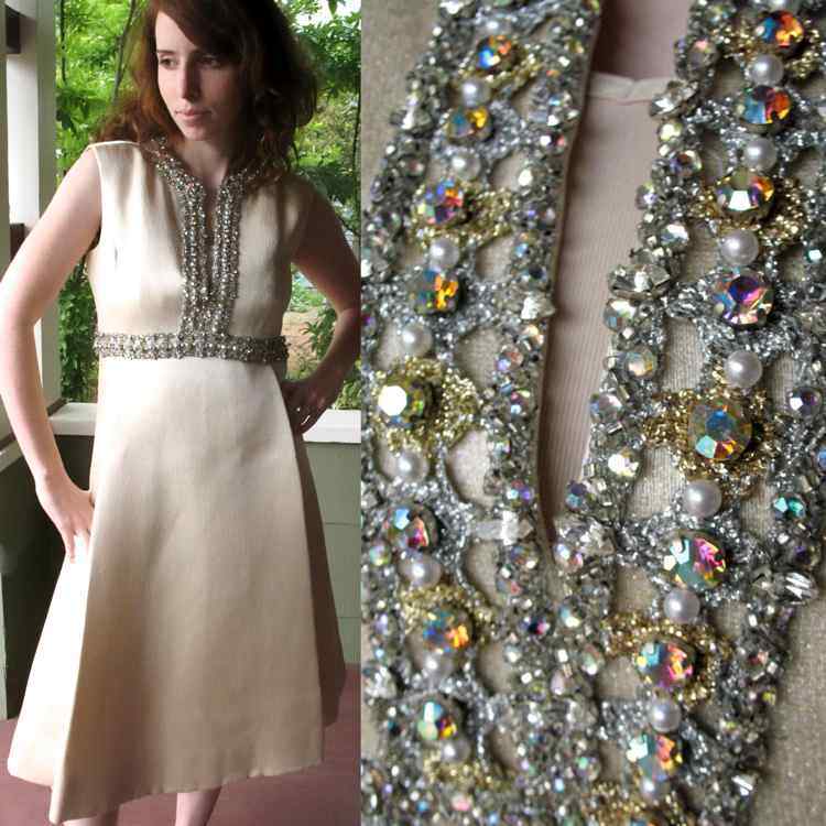 Ceil Chapman Dress VTG 60s Metallic Silk Aurora Borealis Prong Set Rhinestone L