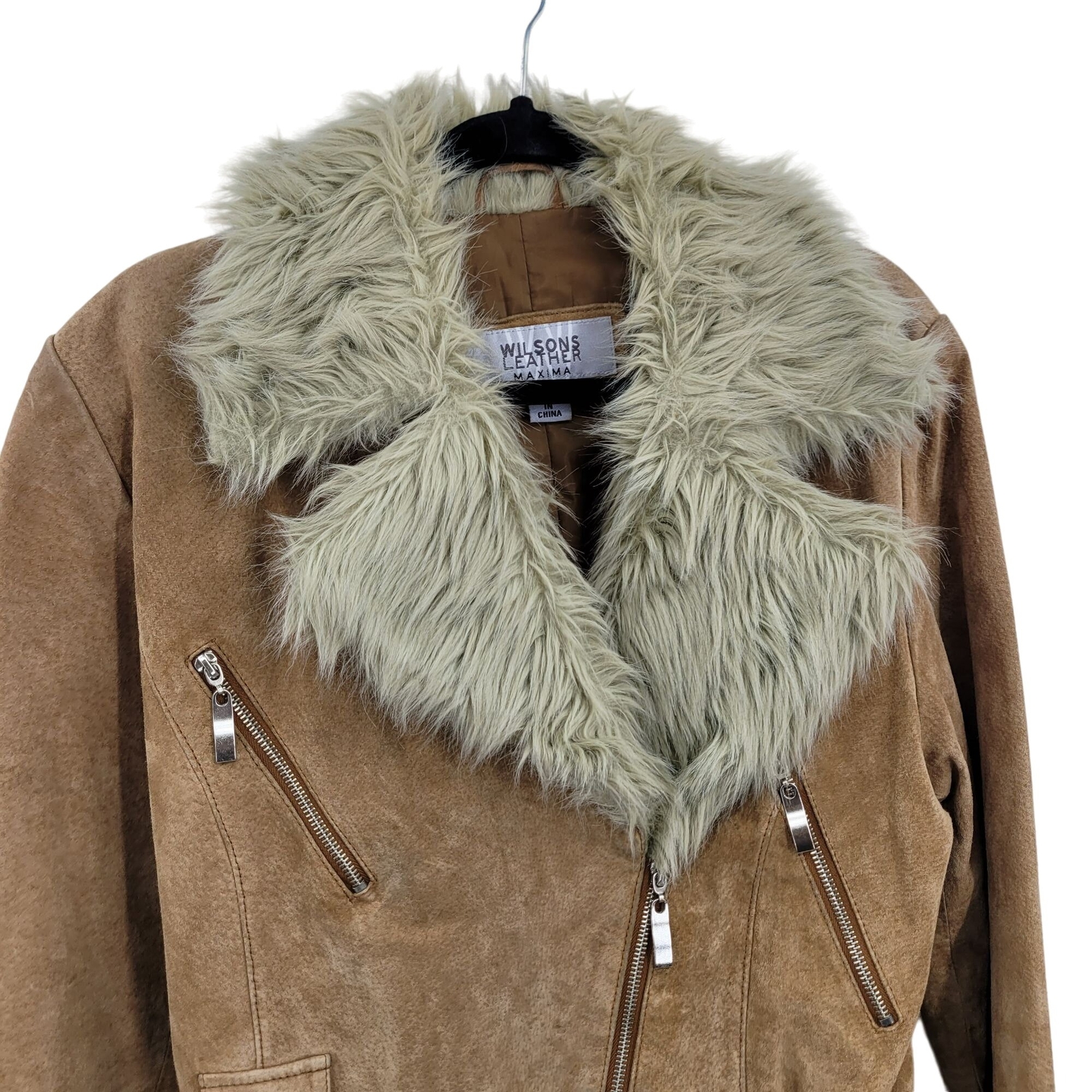 Vintage 80’s Wilson’s Leather Jacket Tan L Belted Faux Fur Trim Snow Bunny